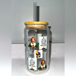 Elf Movie Themed Glass Tumbler with Straw